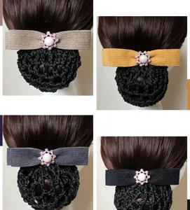 Professional hair net bun cover with elegant bow and pearl rhinestone for nurse and work wear.