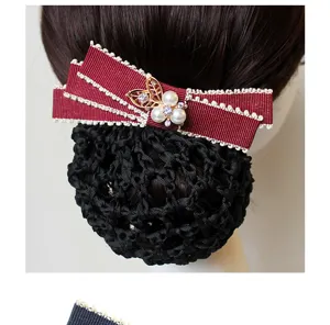 Professional hair net bun cover with elegant bow and pearl rhinestone decor for work wear.