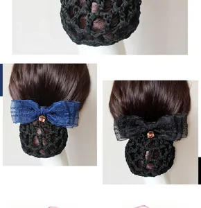 Detailed view of the elegant black hair net with bowknot and crystal accent for styling.