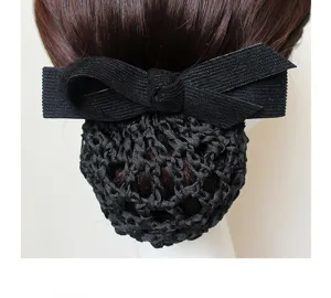 Professional black hair net bow bun cover for women workplace hair accessories elegant.