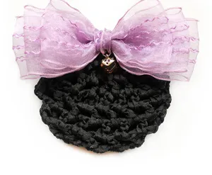 Black hair net with light purple organza bow detail, elegant professional hair accessory for women.