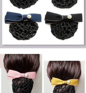 Elegant bow hair net clip with pearl detail, perfect for hotel work and professional daily wear.