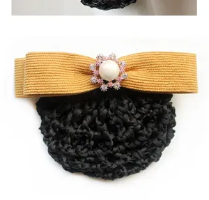 Detailed view of professional women hair net, yellow bow with pearl crystal, black mesh bun cover.
