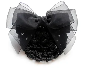 Filet à cheveux noir avec grand nœud en organza pince élégante pour chignon 12x9cm