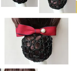 Elegant hotel staff hair net with red bow and pearl detail, stylish hair accessory for women.