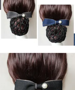 Detailed view of elegant hair bun cover with bow and faux pearl, exquisite craftsmanship.