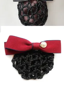 Elegant hotel staff hair net bowknot clip featuring exquisite pearl accent detail view.