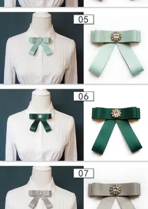 JK uniform bow tie detail showing multi-color ribbon bow with rhinestone center for women.