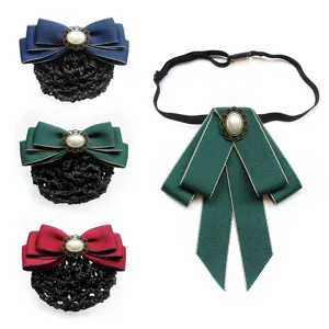 Women Professional Uniform Collar Bowtie And Hair Net Set Bank Nurse Uniform Ribbon Bow Brooch Formal Workwear Hair Accessories