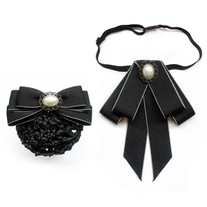 Women professional shirt bow tie hairnet set vintage black bow with pearl brooch for uniform.