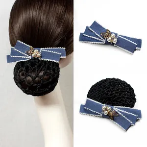 Professional Hair Net Bow Hair Clip Rhinestone Artificial Pearl Hair Accessories For Workplace Women Elegant Hair