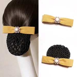 Women Hair Net Bow Hair Clip Rhinestone Pearl Hairpins Professional Office Hair Accessories For Nurse Stewardess