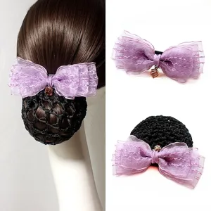 Women Elegant Bow Hair Net Clip Professional Work Hair Accessory With Organza Bow And Pendant Mesh Hair Bun Cover