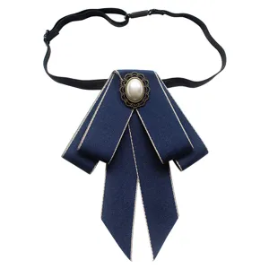 Dark blue fabric bow tie with pearl vintage brooch collar accessory adjustable strap for women.