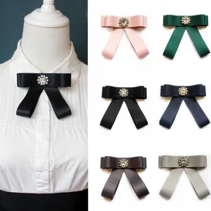 Women JK Uniform Bow Tie Satin Collar Flower With Rhinestone Crystal Brooch Elegant Pre-tied Necktie Neckwear Accessory