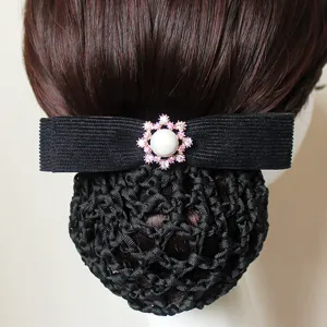 Professional black hair net bow bun cover with pearl rhinestone for nurse stewardess work