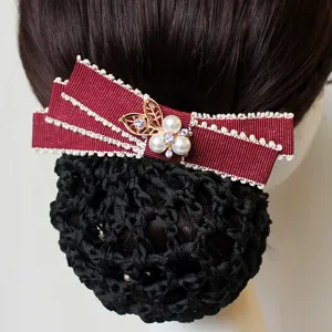 Professional hair net bow clip elegant workplace bun cover crystal pearl hair accessory