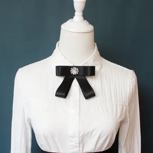 Black satin ribbon bow tie for women JK uniform shirt collar crystal accessory 11x10cm
