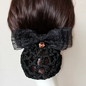 Black hair net bun cover with organza bow and crystal rhinestone for professional workplace daily wear.