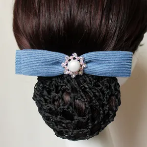 Professional women hair net bun cover with blue bow and pearl decor for daily work use.