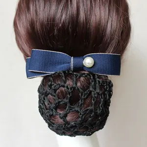 Elegant navy blue hair bow bun cover with pearl and net, perfect for professional staff.