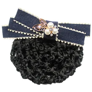 Professional hair net bun cover with navy ribbon bow and pearls for workplace women