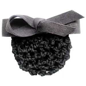 Professional dark grey hair net bun cover with elegant bowknot hairpin for workplace use.