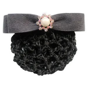 Professional women hair net bun cover with elegant bow pearl rhinestone ornament for daily work