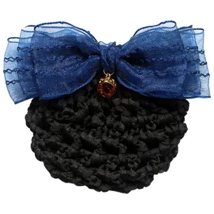 Blue organza hair net bow bun cover with elegant crystal pendant, perfect for work or daily wear.