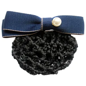 Dark blue bow hairnet with pearl and gold trim, elegant bun cover for women and girls.