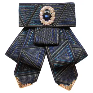 Men's stylish geometric bow tie with blue crystal rhinestone and metal tips for wedding suit