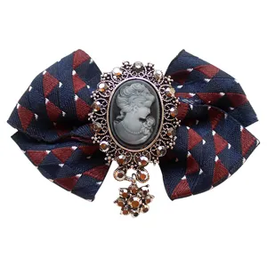 Vintage cameo bow brooch ribbon tie for women uniform suit collar accessory elegant jewelry