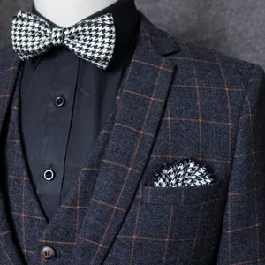 Men suit pocket square and bow tie set classic houndstooth wedding formal groom suit accessories