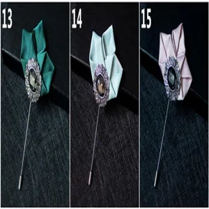 Men's suit lapel pin fabric flower brooch with crystal center long stick pin for jacket.
