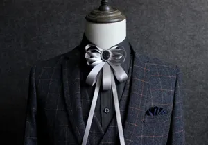 Silver satin bow tie for men suit shirt, elegant long ribbon design with rhinestone center.