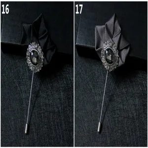 Men vintage lapel stick pin suit brooch crystal black fabric flower accessory item