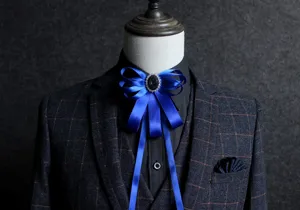 Men's blue ribbon bow tie with dazzling rhinestone brooch for wedding suit and formal evening wear