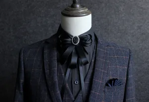 Men black ribbon bow tie rhinestone collar brooch wedding suit shirt fashion clothing accessory