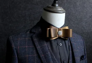 Men formal bow tie detail, brown satin bow with rhinestone center for wedding party suit.