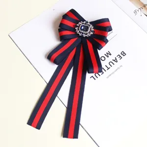 Femme rouge bleu rayé ruban nœud broche cristal gemme col épingle accessoire
