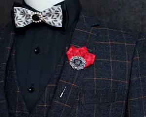 Detailed close-up shot of exquisite men lapel pin and bow tie set with sparkling crystals.