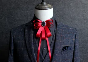 Red satin bow tie detail, elegant rhinestone center brooch for men's formal suit collar wear.