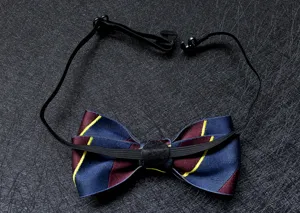 Primo piano dettagliato della cinghia regolabile e del papillon a righe con trama.