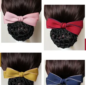 Close-up detail of professional hair net with elegant bowknot, showing various colors clearly.