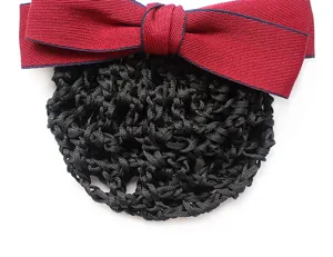 Close-up detail shot of professional black hair net with red bow, elegant and neat.