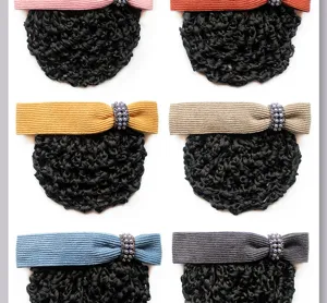 Professional hair net with ribbon bow and pearl clip for neat buns, multi-color options.