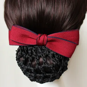 Professional women hairnet bun cover with dark red bow clip for nurse flight attendant work.