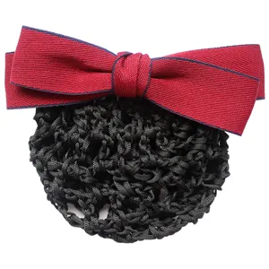 Professional women's hair net with red bow, elegant hair bun cover for nursing and office work.