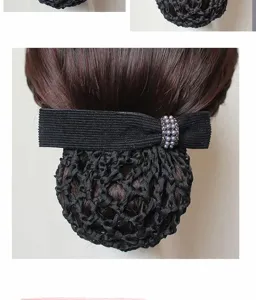 Black hair net bow bun cover with pearls rhinestones elegant professional hair accessory for women