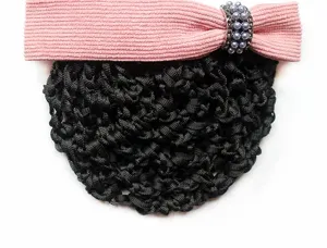 Pink corduroy bow hair net with pearl rhinestone accent, professional bun cover for nurse work.